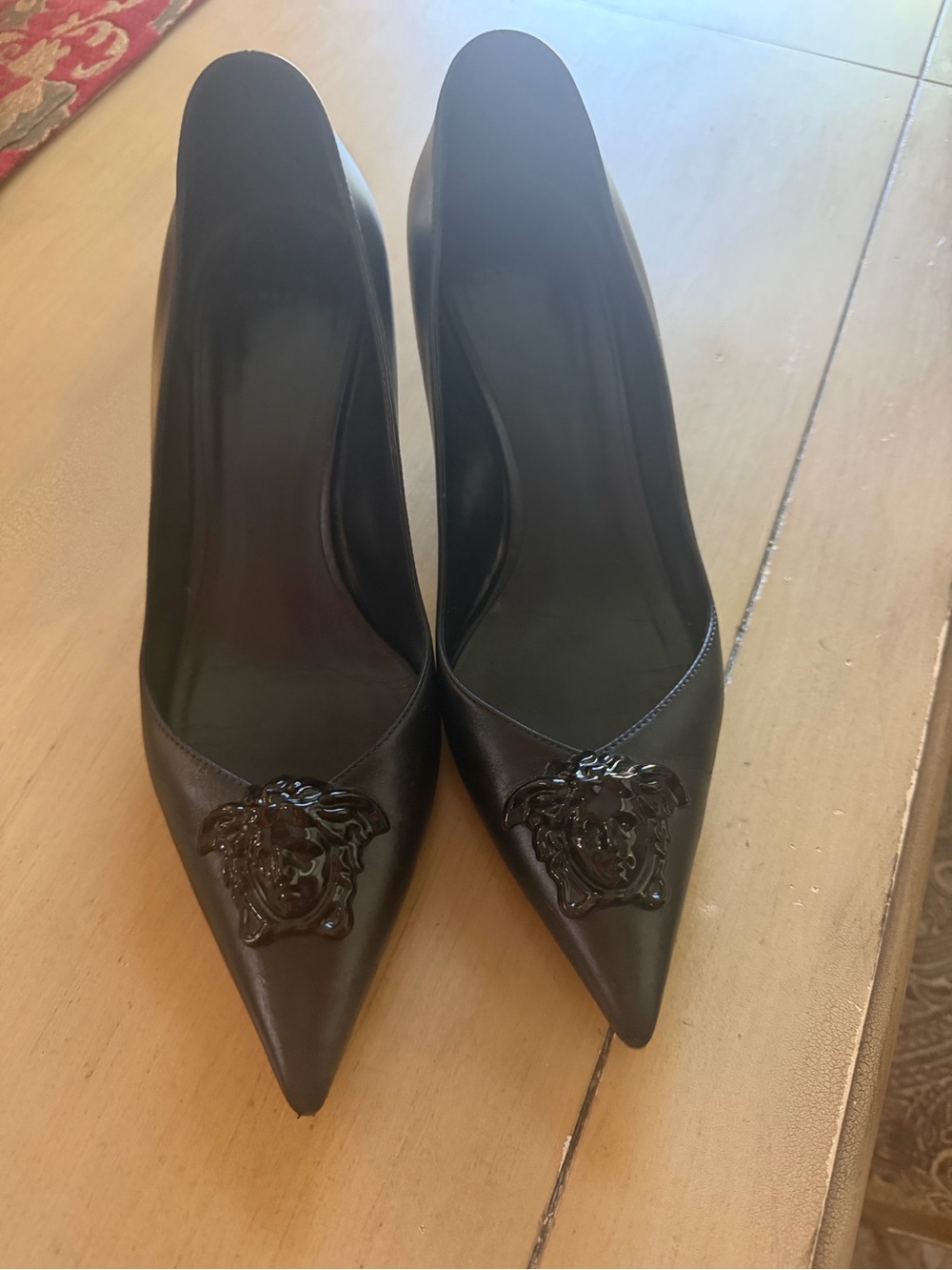 Versace Black Pointed Leather Pumps with Medusa Emblem
